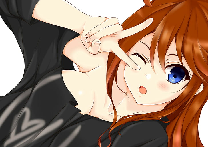 Anime, Anime Girls, offenes Hemd, lange Haare, Brünette, blaue Augen, HD-Hintergrundbild
